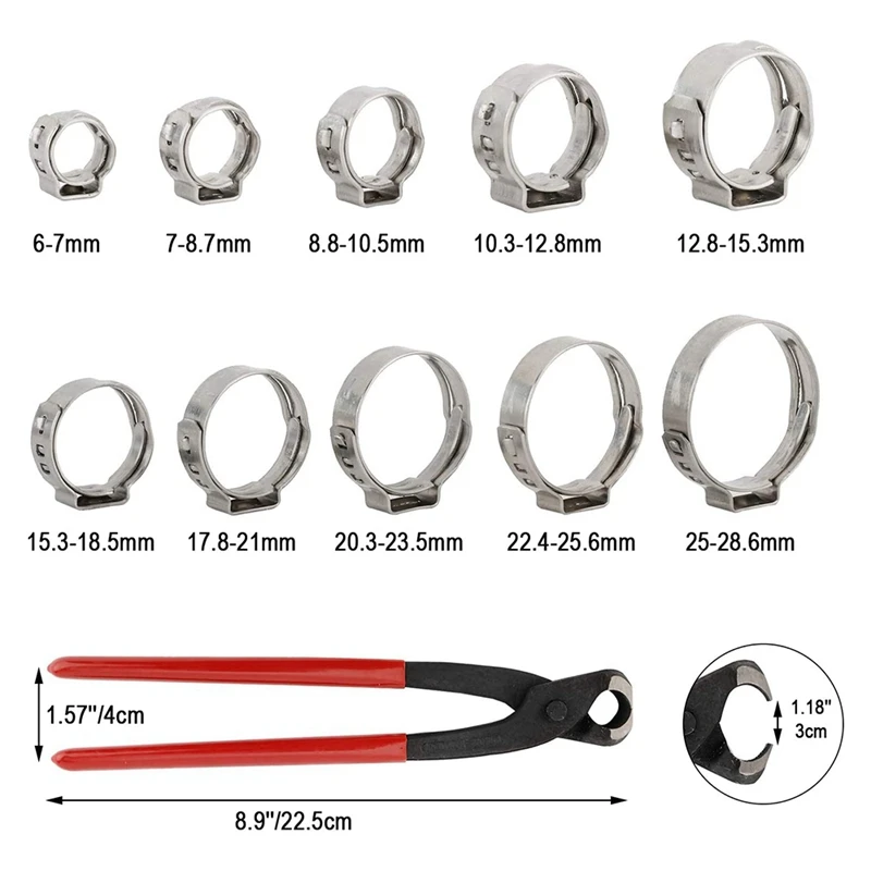 100Pcs 304 Stainless Steel Single Ear Hose Clamp 6-28.6Mm Single Ear Hoop Combination With Pliers Hose Clamp Pliers