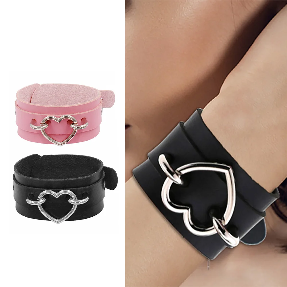 ​ Black Leather Cuff Wristband Goth Gothic Punk Big Round Heart Bracelets for Women Men Armbands Cosplay Rock Cool Nightclub