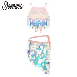 Womens Sexy Belly Dance Costume Shiny Sequined Outfits Glitter Tassel Camisole and Hip Scarf Skirts Rave Dance Night Club Wear