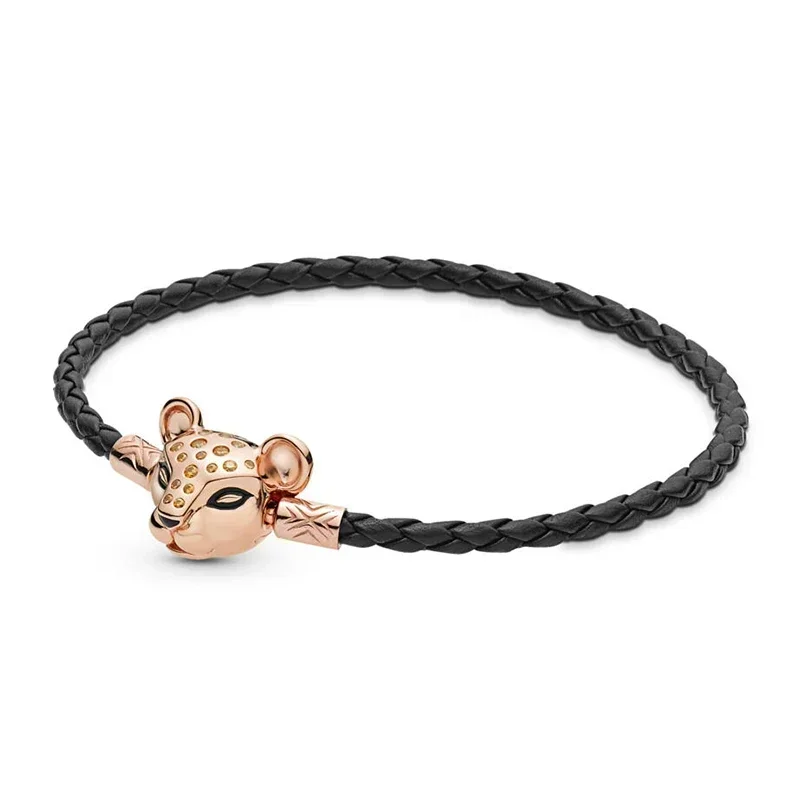 

2019 NEW 925 Sterling Silver Sparkling Lion Princess Woven Leather Bracelet Rose Gold Bracelet Fit DIY Original Jewelry Gift