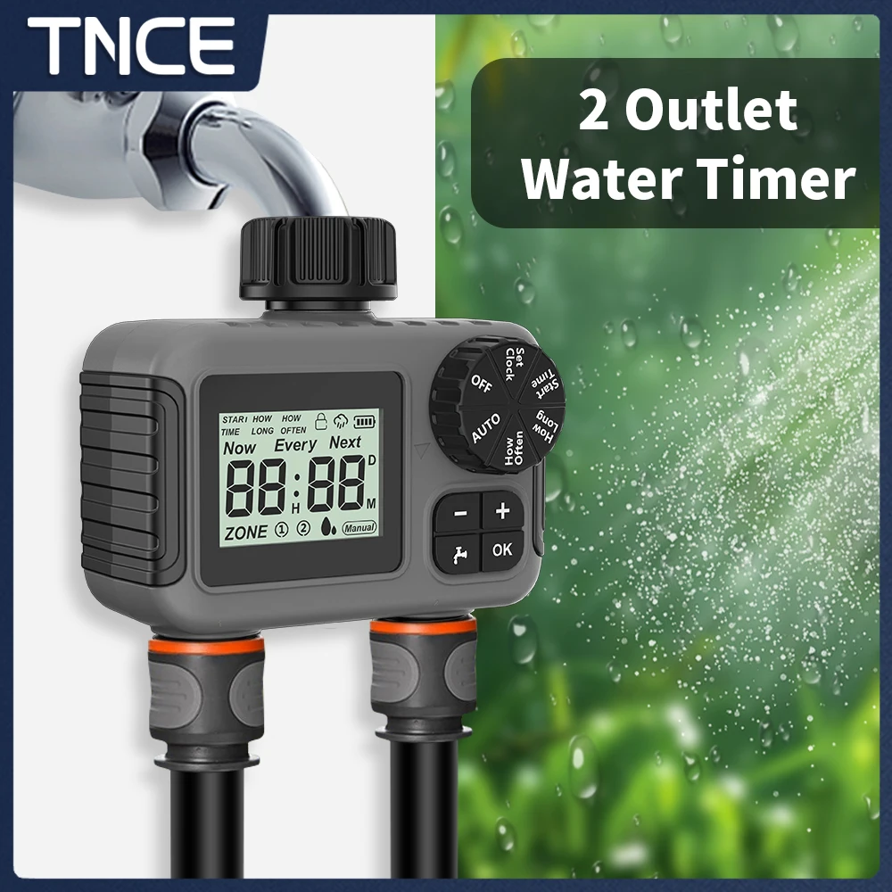 

TNCE 1/2 outlet Sprinkler Timer IPX5, Rain delay Programmable Garden Irrigation Water Valve Controller for Garden Lawn Yard Drip