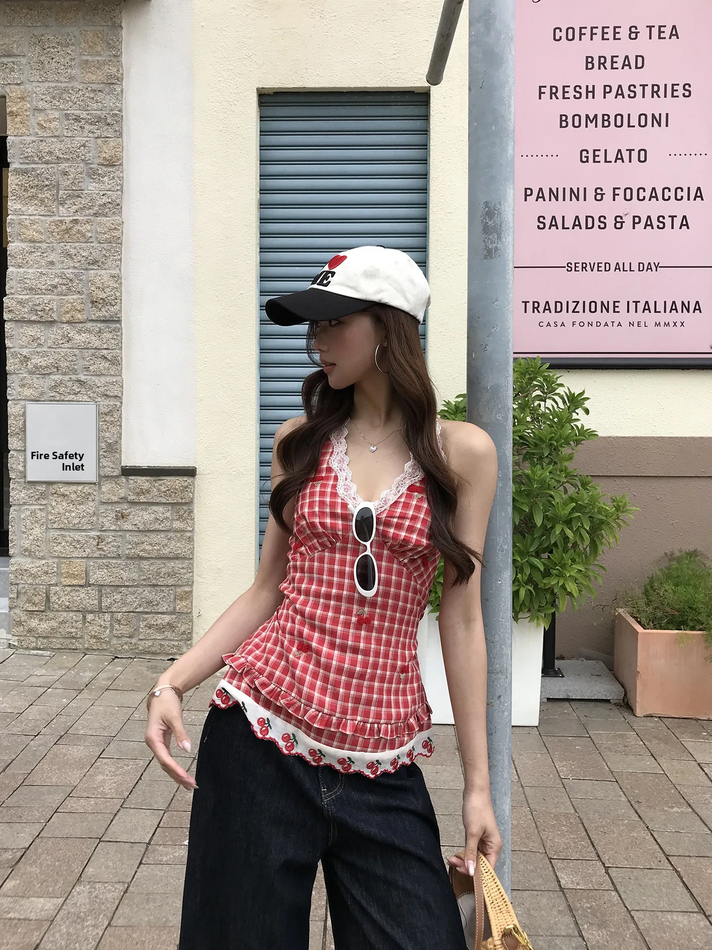 

Красный кружевной топ-халтер без рукавов для женщин, летняя верхняя одежда, V-образный вырез, полиэстер, спандекс, укороченный, в клетку