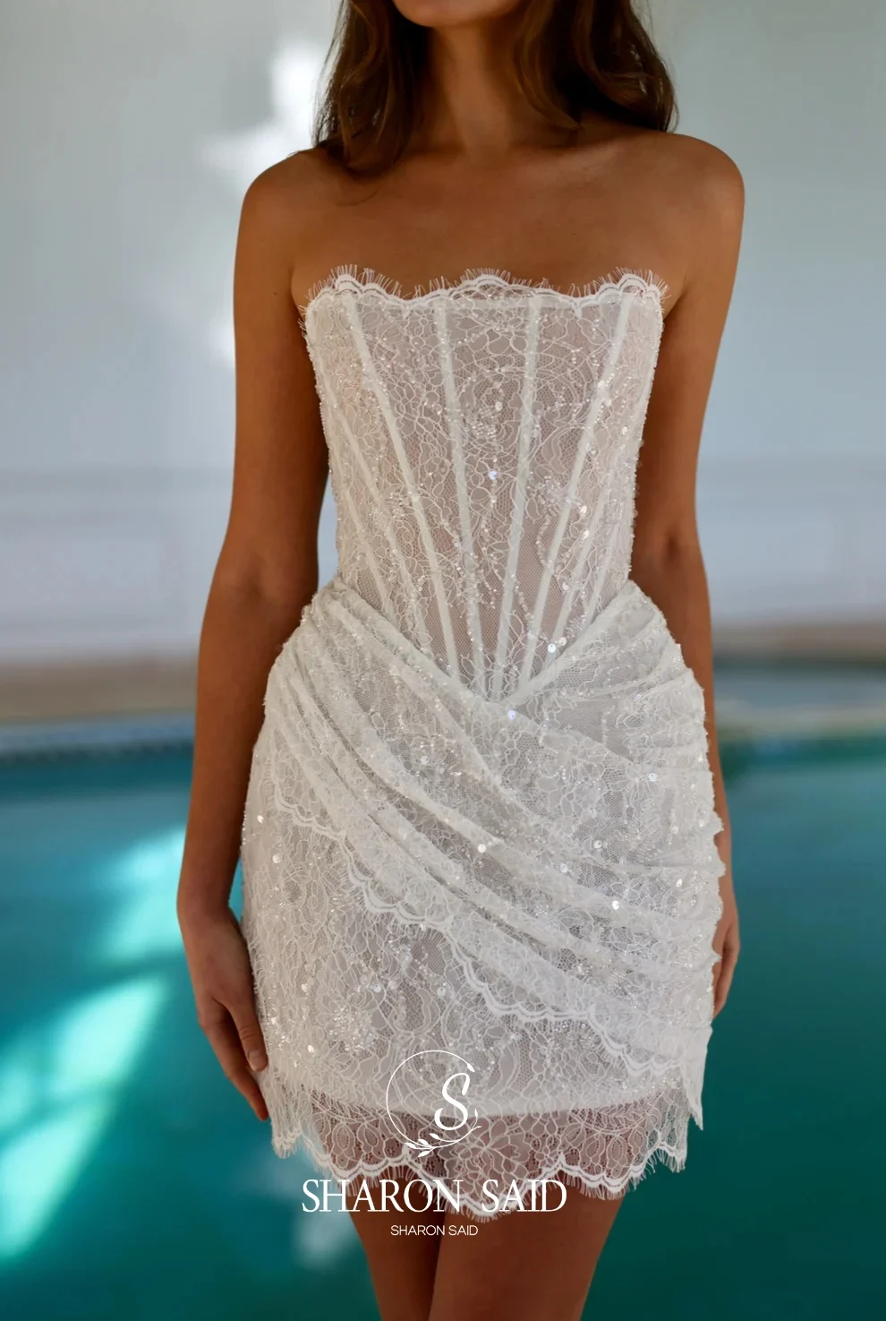 Sharon Said Abito da sposa bianco sporco in pizzo senza spalline con pieghe sexy di alta qualità 2025 Mini abiti da sposa con corsetto corto SW093 personalizzati