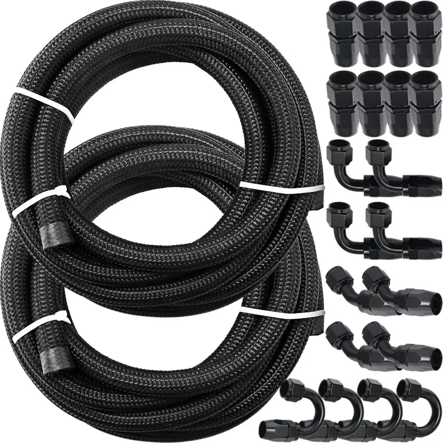 

8AN Fuel Line 20 Pcs 8AN Fuel Hose Kit 32.8Ft BK Nylon Stainless Steel Braided Oil Line Hose NBR CPE Synthetic Rubber AN8 Gas