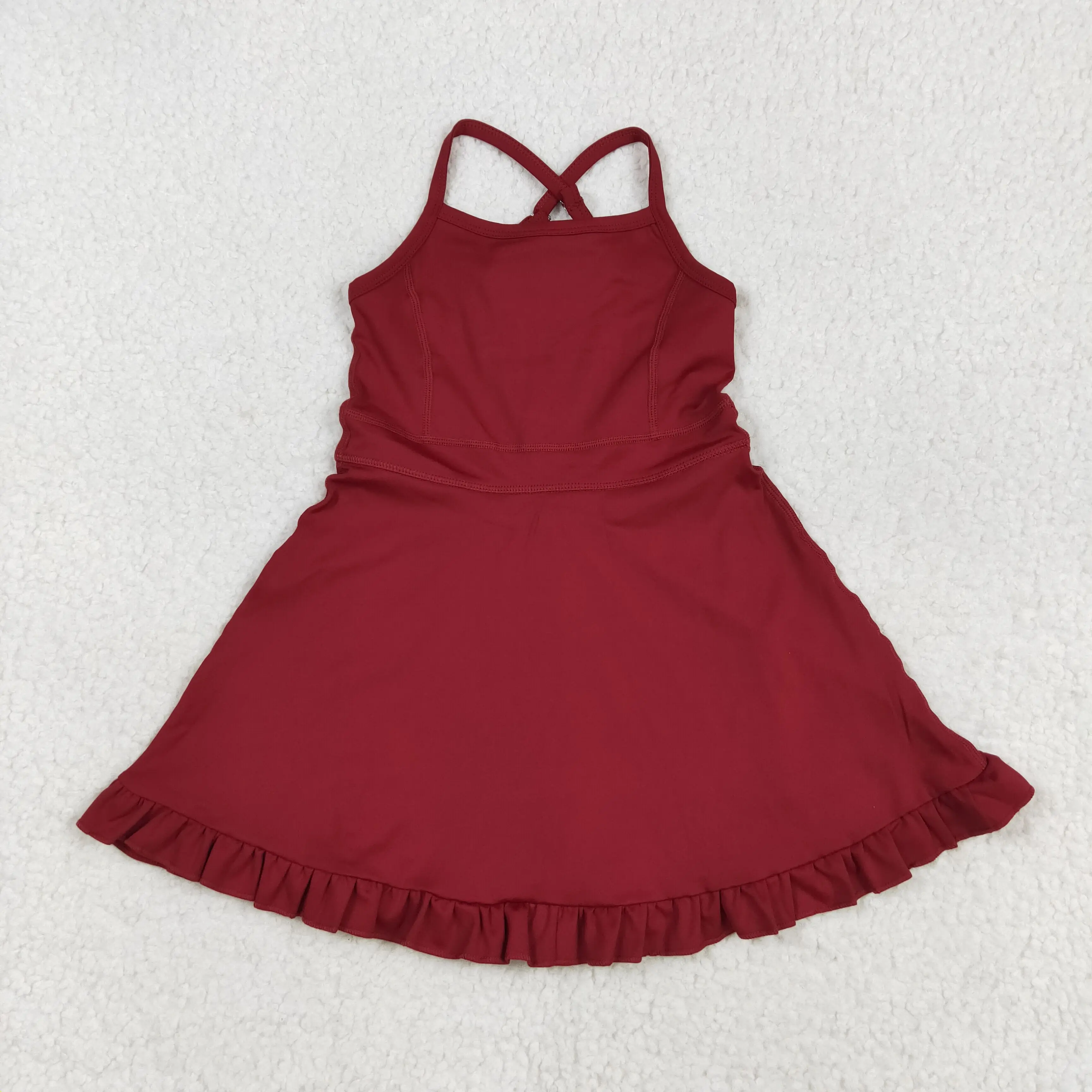 

Stylish Red Halter Neck Yoga Dress for Little Girl Ruffle Design Swimsuit Adjustable Thinner Straps Wholesale