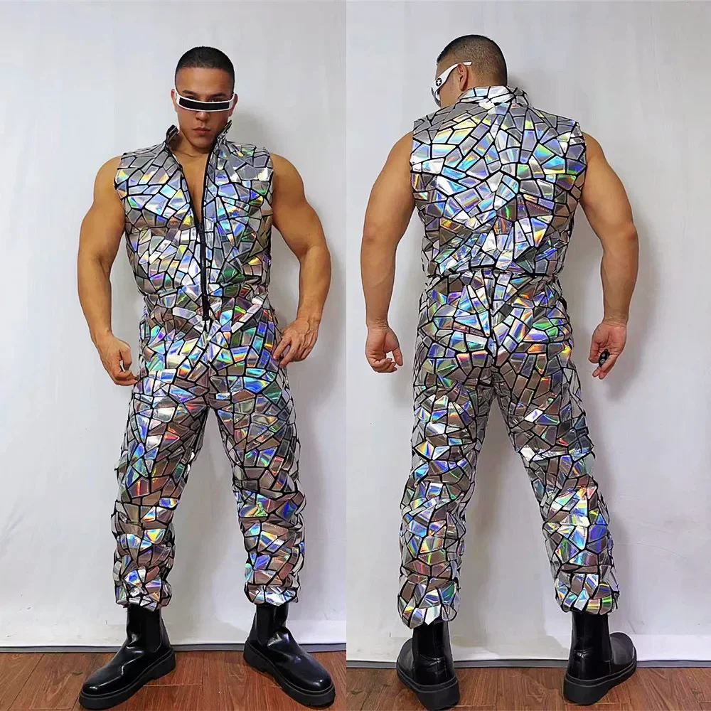 Glitter Silver Laser Mirror Sleeveless Jumpsuit Men Hip Hop Dance Team Bar Stage Performance Costume Festival Party Rave Outfits