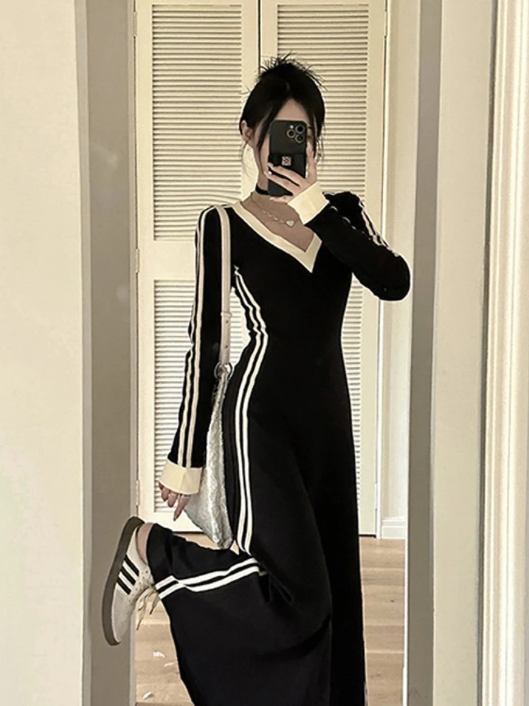 Korean Fashion Striped V-neck Patchwork A-line Long-sleeved Chic Dress Women Fall Clothes Vintage Robe Casual Loose Dresses