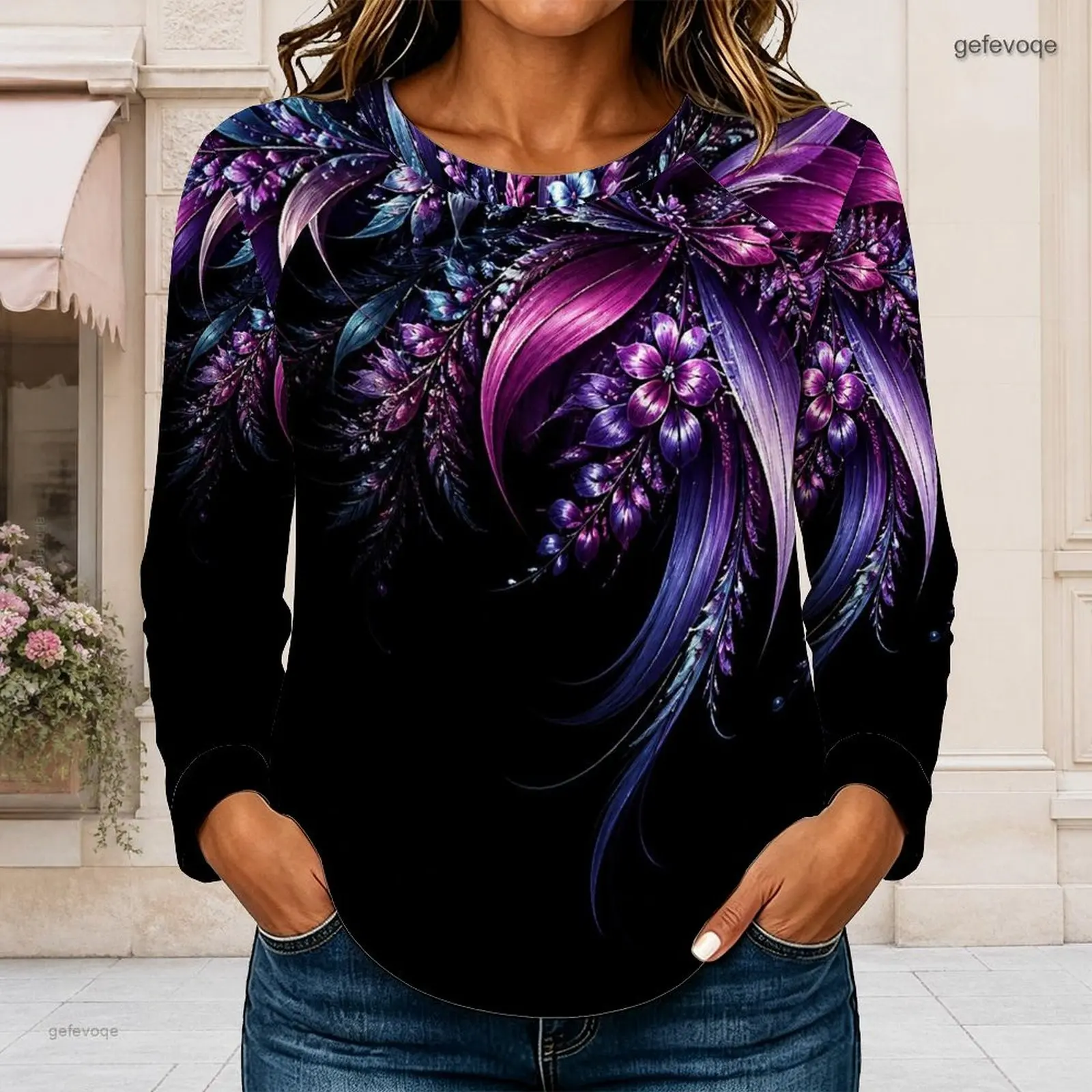 Women Black Base Purple Blue Floral Leaf Printed Round Neck Long Sleeve Top