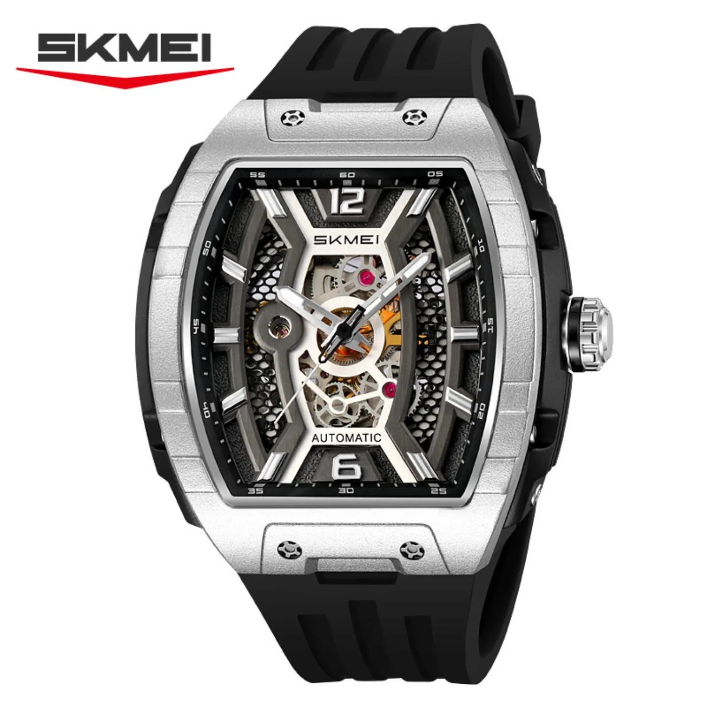 Rose Gold Tonneau Men's Automatic Watch Large Case Skeleton Dial Waterproof Silica Gel Band Luxury Sport Wristwatch M033 view 3