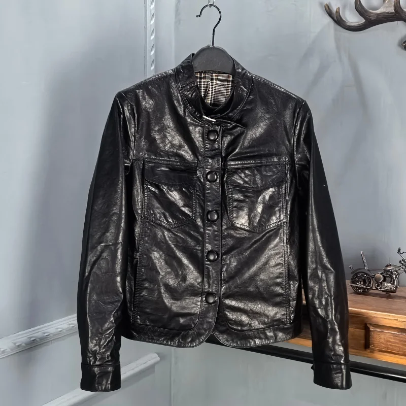 

Весна 2026: Женская модная куртка свободного кроя из натуральной вощеной коровьей кожи с круглым вырезом, на одной пуговице, укороченная