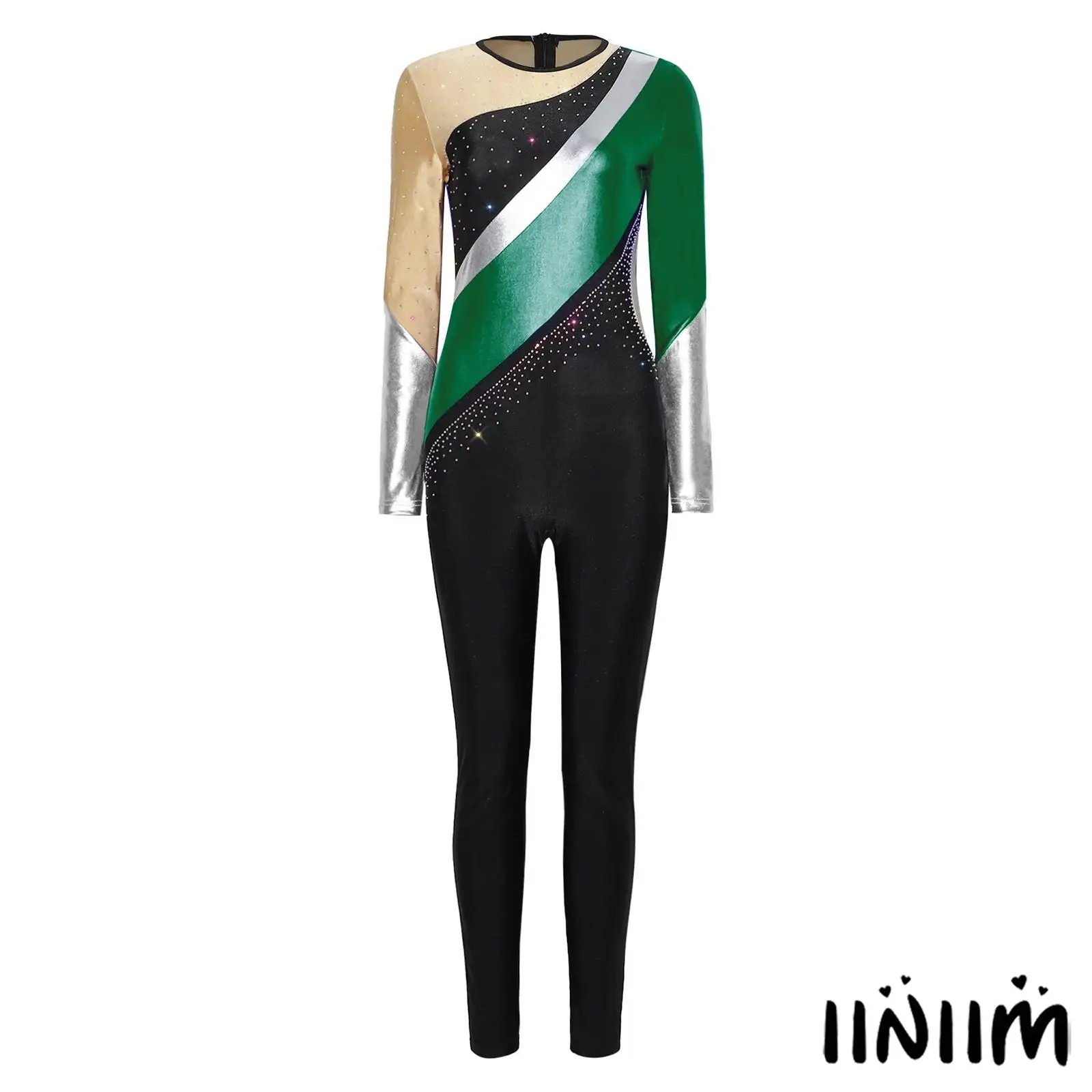 

Womens Metallic Rhinestone Unitard Shiny Color Block Long Sleeve Full Length Pants Jumpsuit for Gymnastics Ballet Yoga Dance