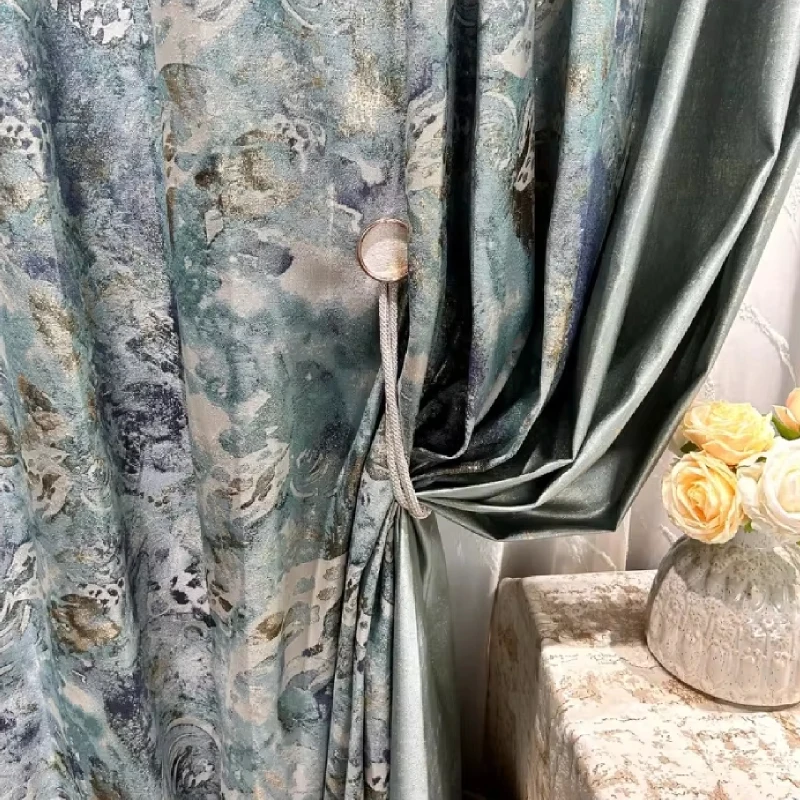 Blue Gold Line Oil Painting Jacquard Thickened Blackout Curtains for Living Room Bedroom French Window Balcony Window Customized