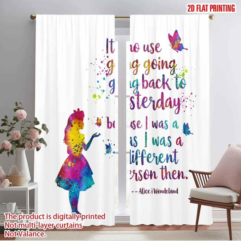 

2pcs 2D flat printing Drapes Alice watercolor butterflies quote Polyester Fabric Without Electricity Festive Holiday Perfect for