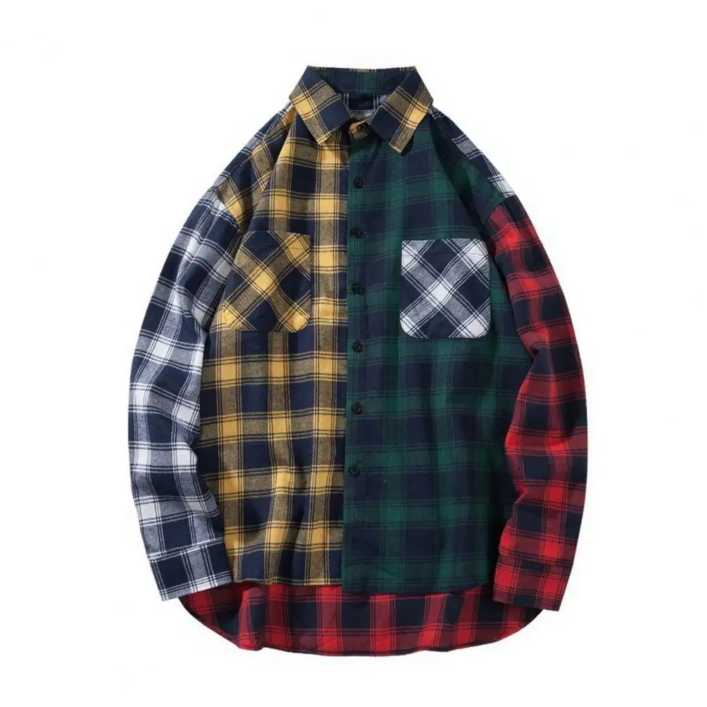 メンズカラフルな長袖チェック柄シャツ、ラペル、シングルブレスト、カラーブロック、ストリートウェア、春