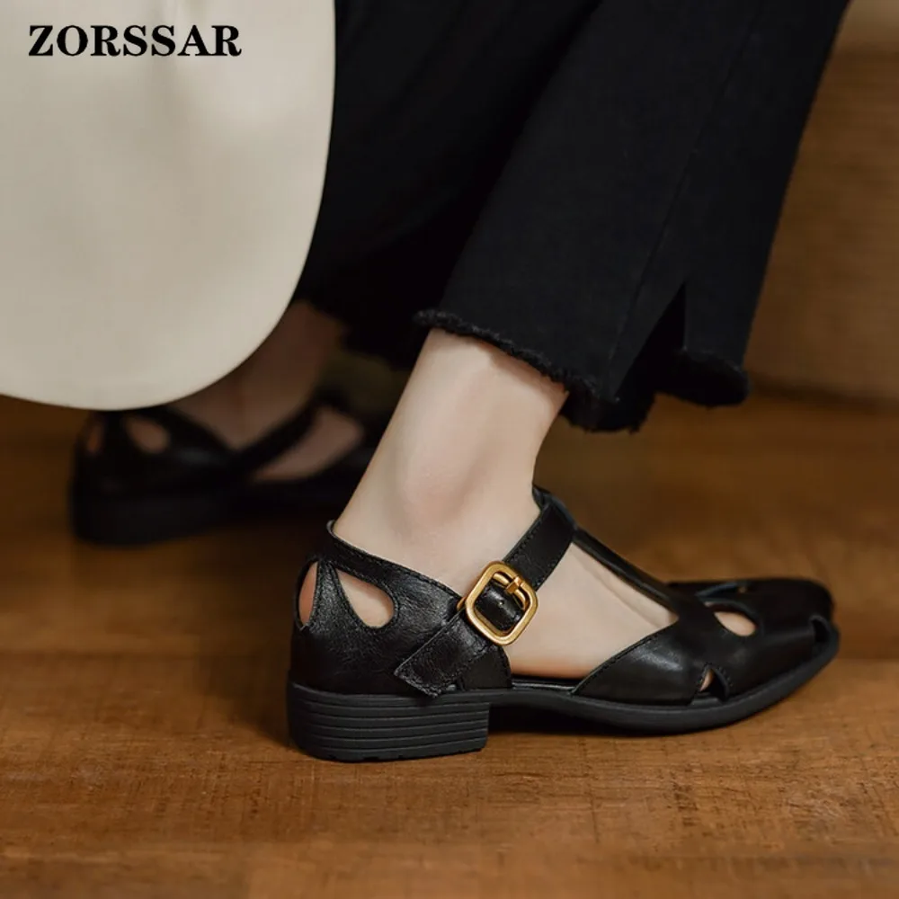 Womens Genuine Leather T-Strap Sandals with Cutout Detail Low Block Heel Retro Buckle Closure Casual Summer Shoes for Daily Wear