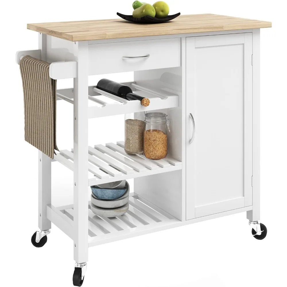 

Kitchen Island with Towel Rack and Shelves for Storage – Rolling Cart to Use as Coffee Bar, Microwave Stand, or Kitchen Storage