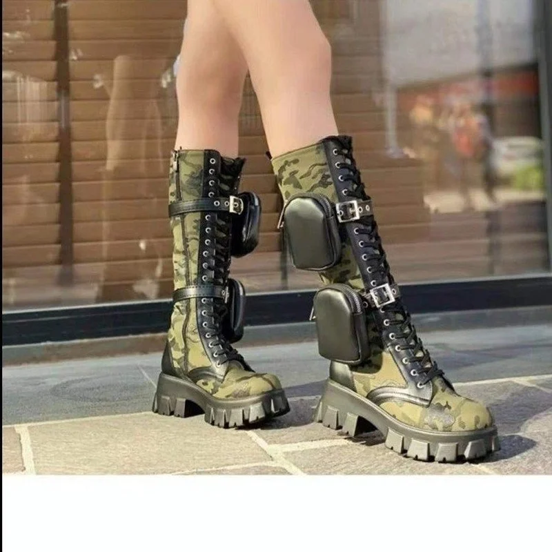 2022 nowych kobiet skórzane buty motocyklowe z grubą podeszwą Casual buty damskie modne sznurowane buty rycerskie platforma kamuflażowa Botas