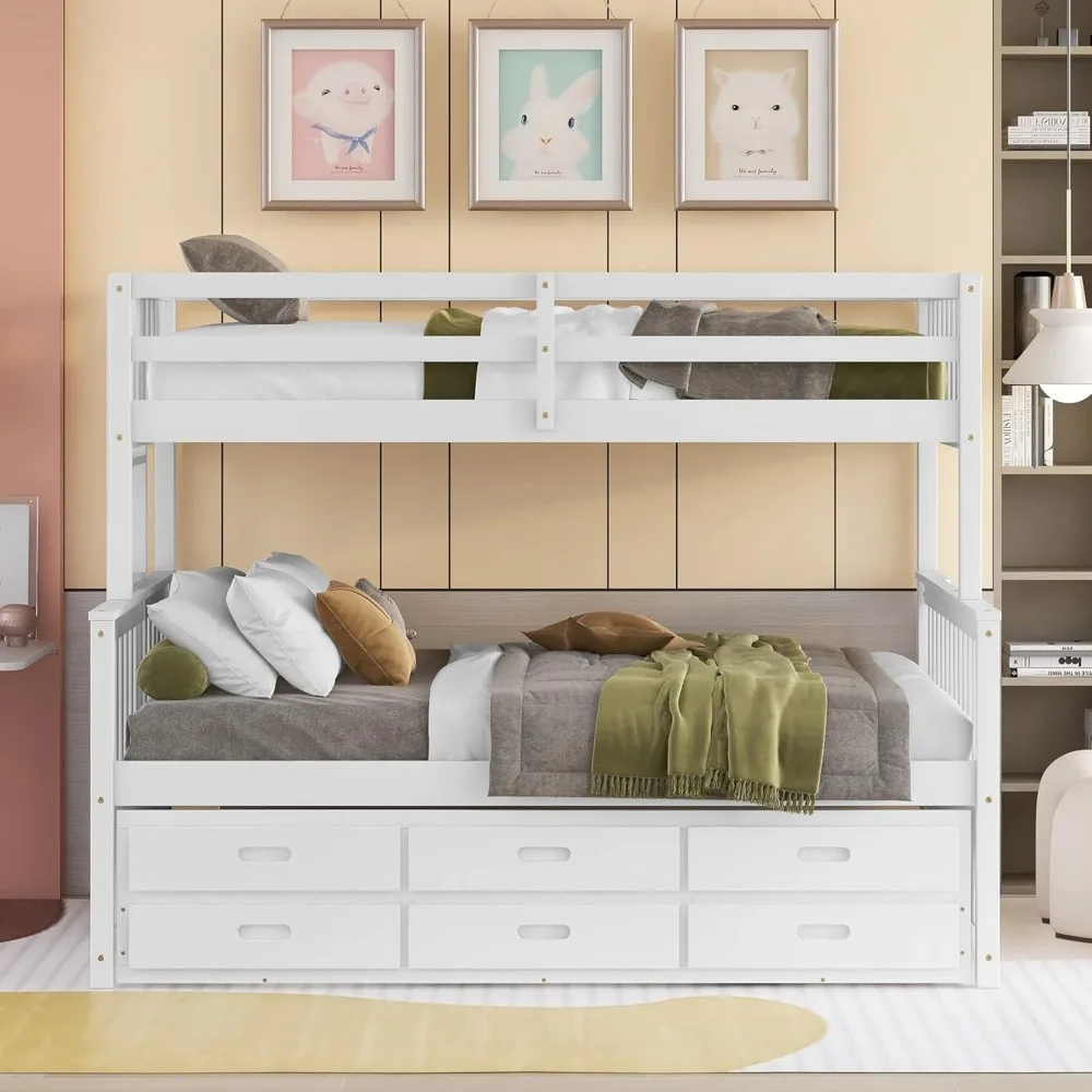 Łóżko piętrowe Harper & Bright Designs Twin Over Full z wysuwanym łóżkiem pojedynczym i 3 szufladami do przechowywania, rama łóżka piętrowego z litego drewna z ławką