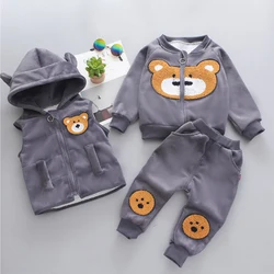 1 2 3 4 Years Winter Baby Boys Clothing Sets Cartoon Bear Keep Warm Coat + Hooded Zipper Vest And Pants Girls Suits Kids Clothes