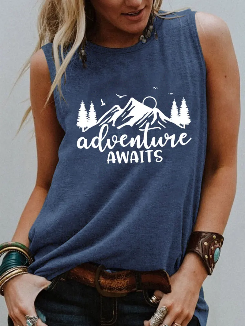 Adventure Awaits New Arrival Outdoor Hiking Sleeveless Tshirt Women Funny Summer Casual Sleeveless Top Tee Explore Shirt