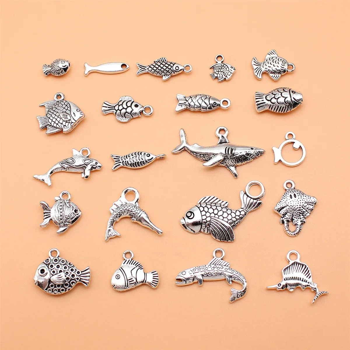 21pcs Antique Silver Color Small Fish Clownfish Goldfish Tuna Shark Charms Collection, 21 Styles, 1 of Each