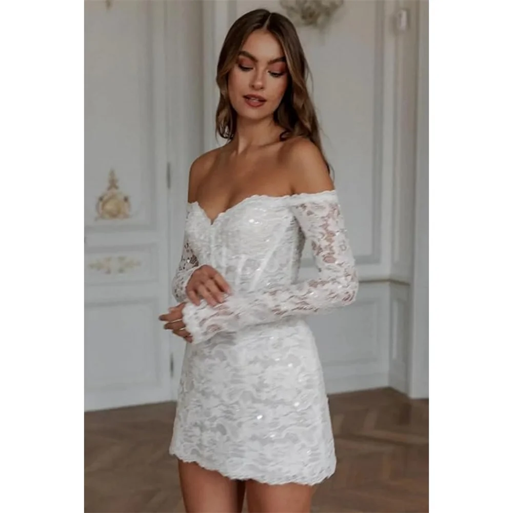 Amanda White Long Sleeve Wedding Dress Sweet Lace vestidos de noche Elegant Mini Floral Embroidery Formal Evening 2025