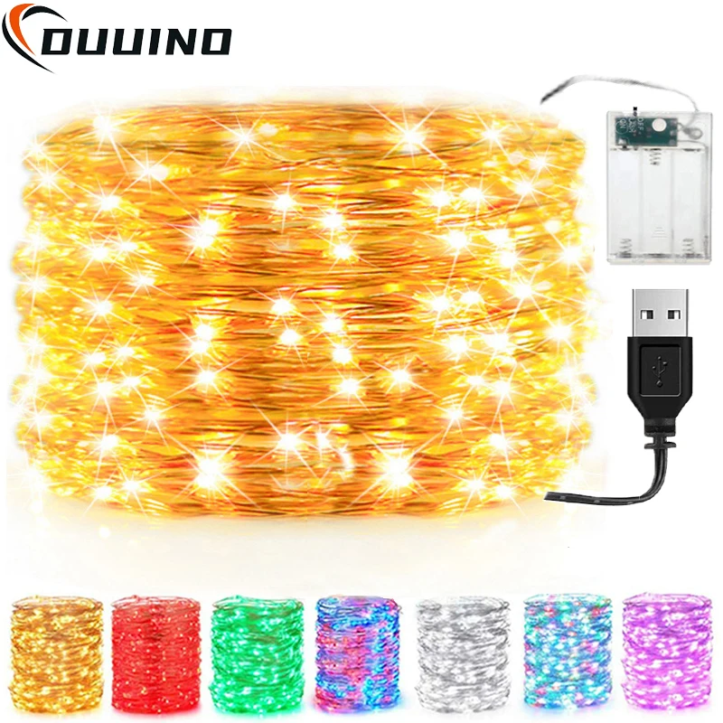 Guirnaldas de luces LED de 20M, cadena impermeable con batería USB, guirnalda de alambre de cobre, luz de hadas, lámparas de decoración para fiesta de boda y Navidad, iluminación