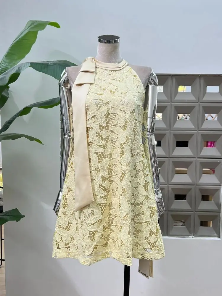 Franse elegante chique mode Boheemse strik uitgesneden opengewerkte kant A-lijn damesjurken ontwerp zomer nieuwe feestclub avondjurk