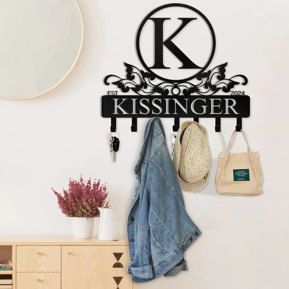 Personalized Wall Key Caddy Custom Metal Rack with Monogram and Hooks Perfect for Kitchen Entrance Wall Mounting and Gift