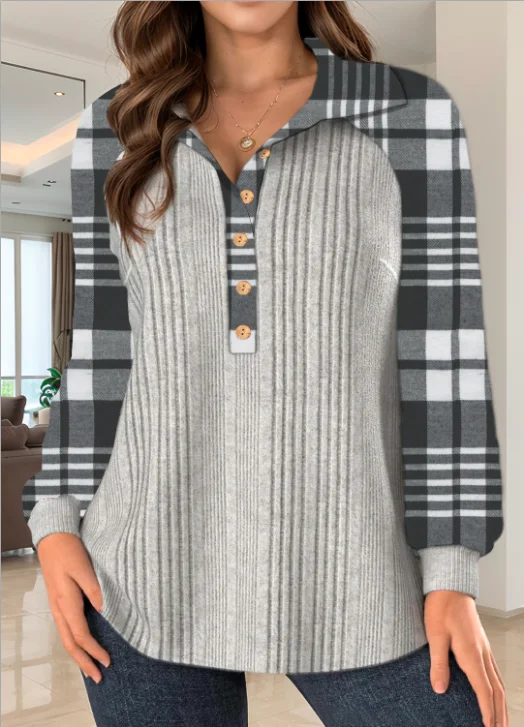 

Plus-size women's buttoned striped plaid color-block mixed-color long-sleeve plaid hoodie