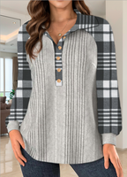 Plus-size women's buttoned striped plaid color-block mixed-color long-sleeve plaid hoodie
