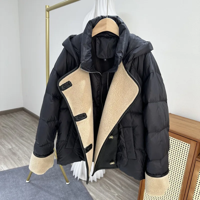 Winter European Women's Down Jacket Commuting Hooded Loose Windproof PU Leather Jacket