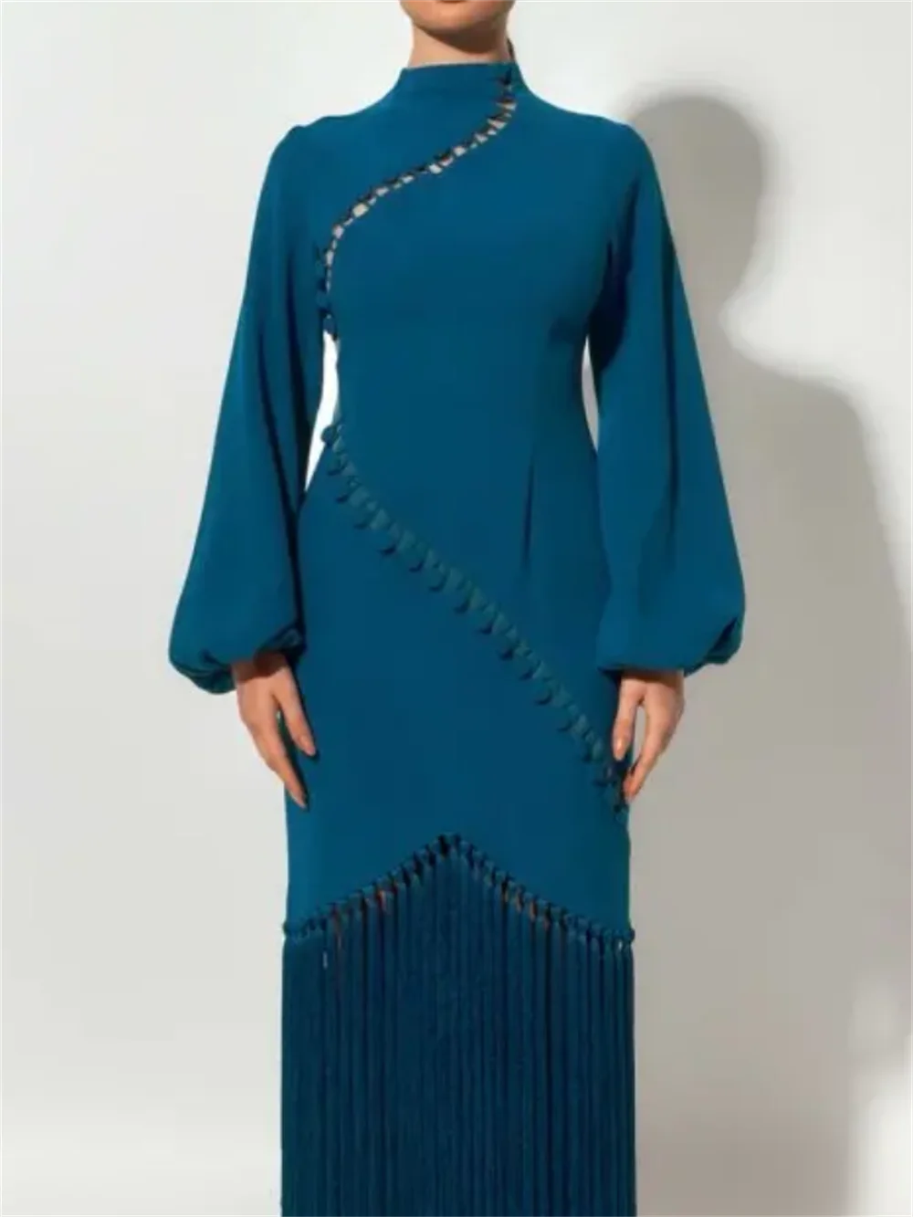 Customized Exquisite Jersey Button Tassel Pleat Straight High Collar Midi Dresses Prom Dresses Modern Style Simple Formal High Q