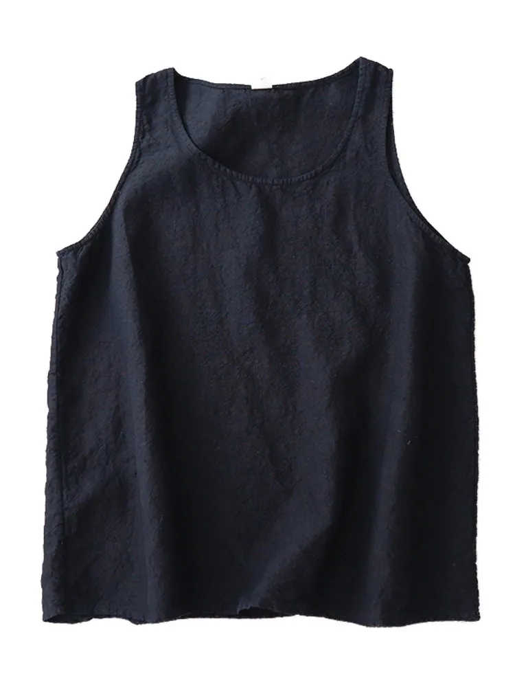 سترة نسائية خفيفة الوزن من القطن والكتان بلون واحد، قميص صيفي رقيق بياقة مستديرة