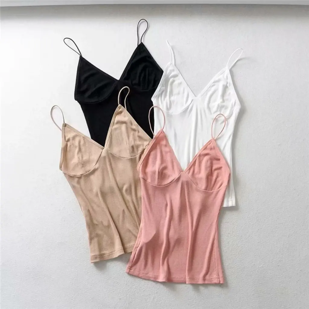 

YPFF Women's Slim Fit Rubber Tendon Thread Top Deep V Solid Color Fashion Base Sling European American Style New Arrival