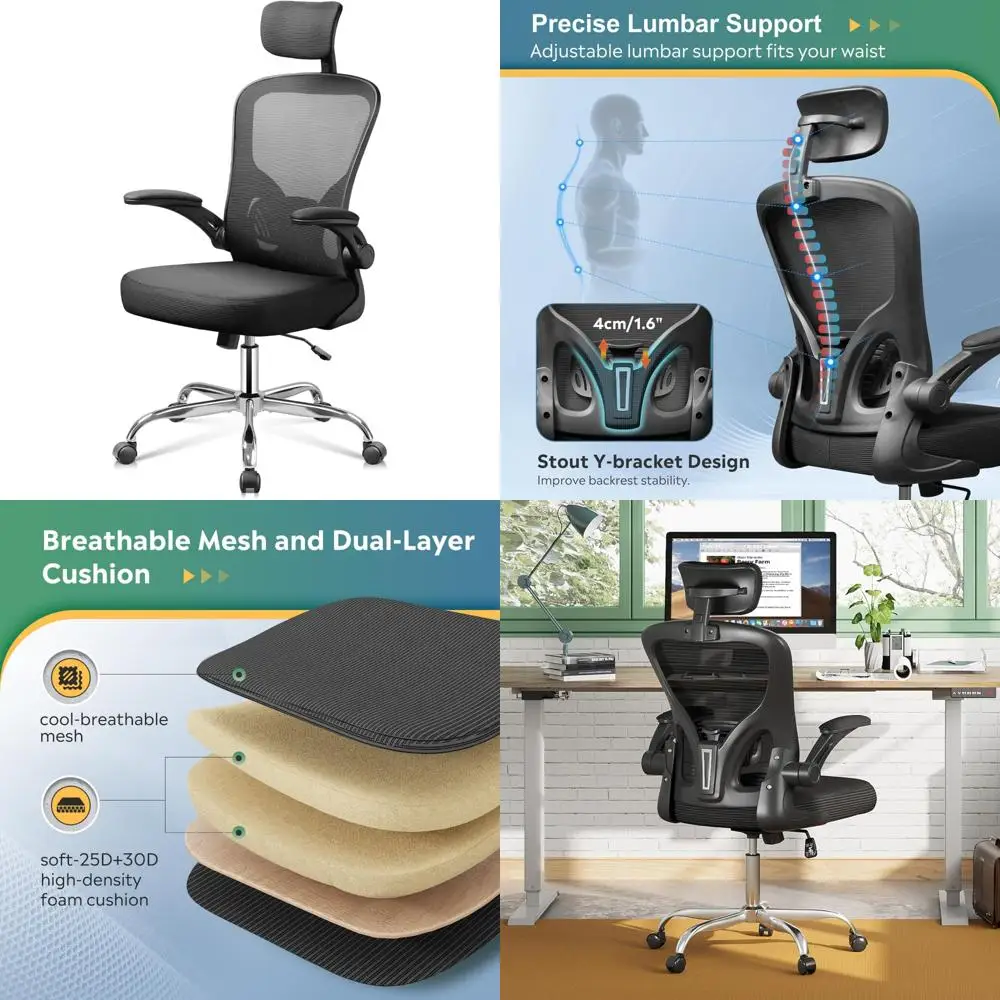 

Ergonomic High Back Mesh Office Chair with Adjustable Headrest, Flip-up Armrests, and Lumbar Support, Black