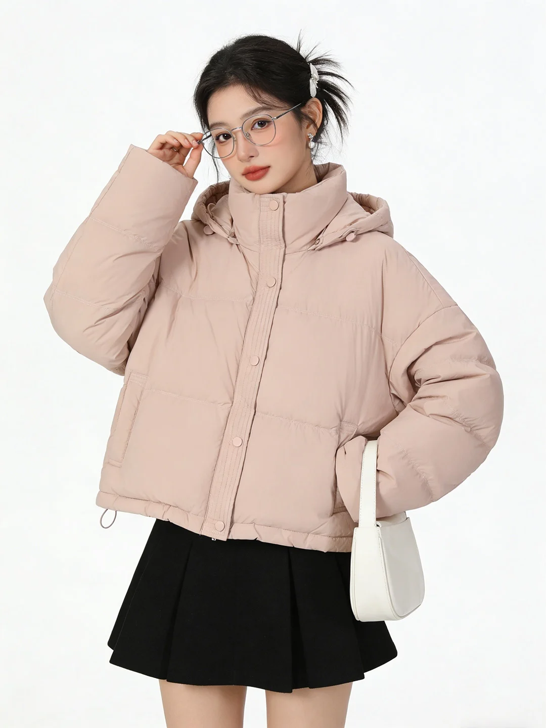 

Sweet Pink Hooded Puffer Jacket Short Warm Stylish Korean Style Women's down Coat Bread Shape Outerwear Commute Fashion