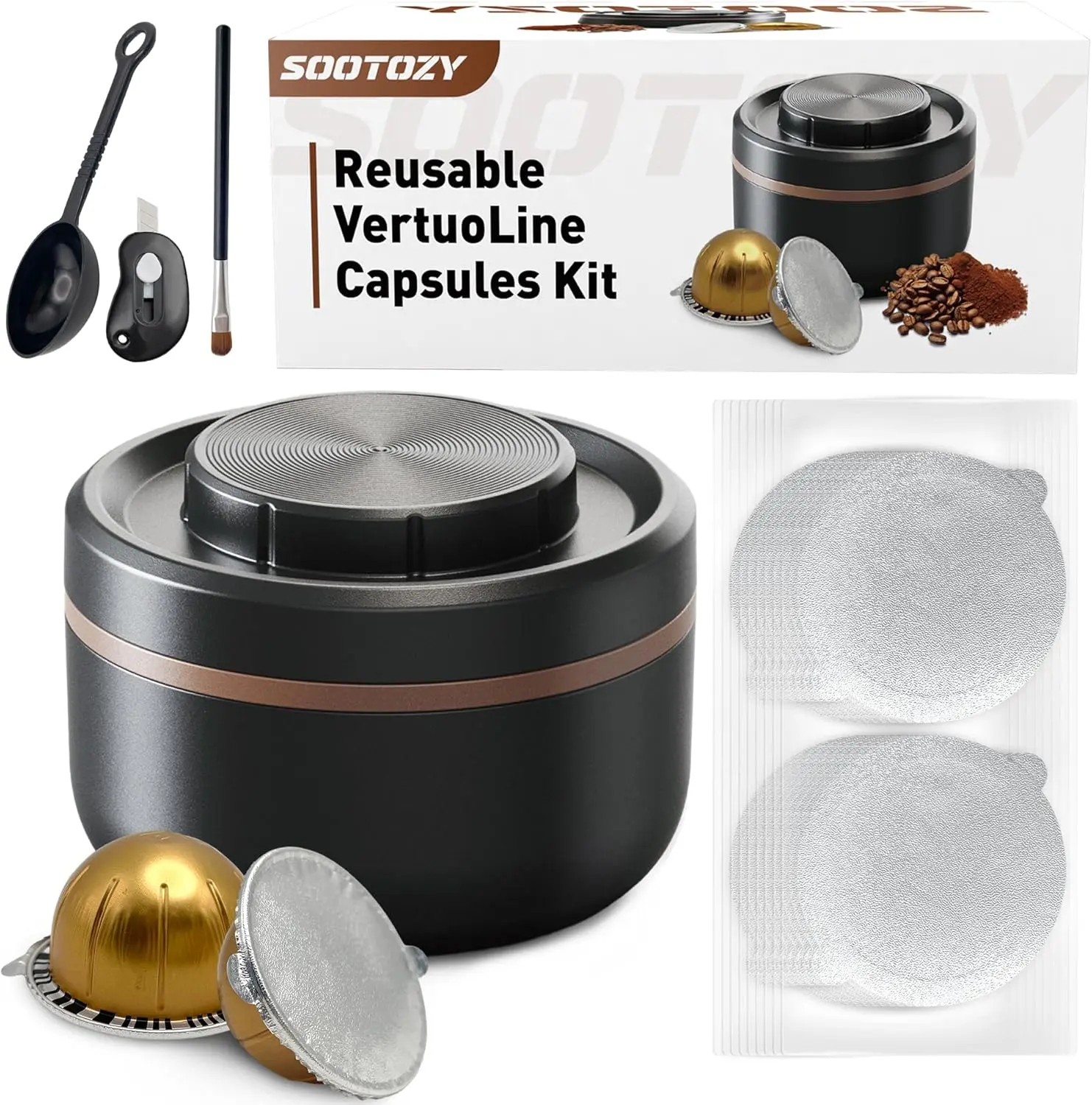 

Reusable Vertuo Capsule Pods Kit with 100 Foil Seals, Compatible with Nespresso VertuoLine and VertuoPlus Espresso Machines