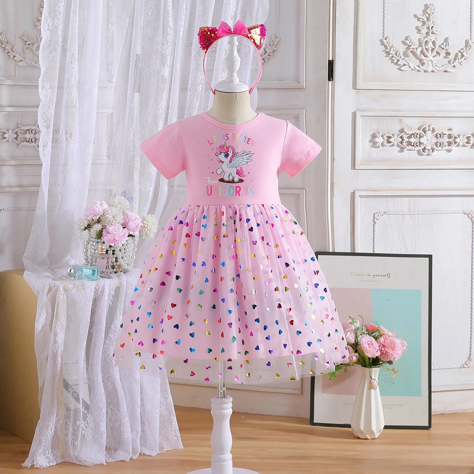 2025 New Unicorn Girls Dress Pink Kids Clothes Summer Short sleeve Princess Dresses Party Baby Dresses for Children Rainbow 2-8Y