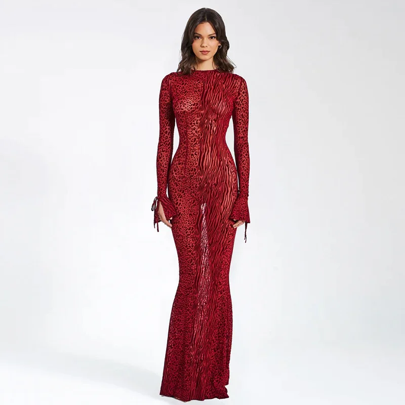 

Sexy Red Leopard Print Backless Mermaid Dress Women Round Neck Slim Fit Fashion Party Evening Bodycon Long Dress Outfit