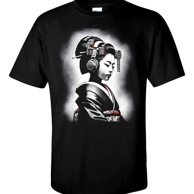Headphone Japanese Geisha Girl Graffiti Stencil Spray Paint DJ T Shirt