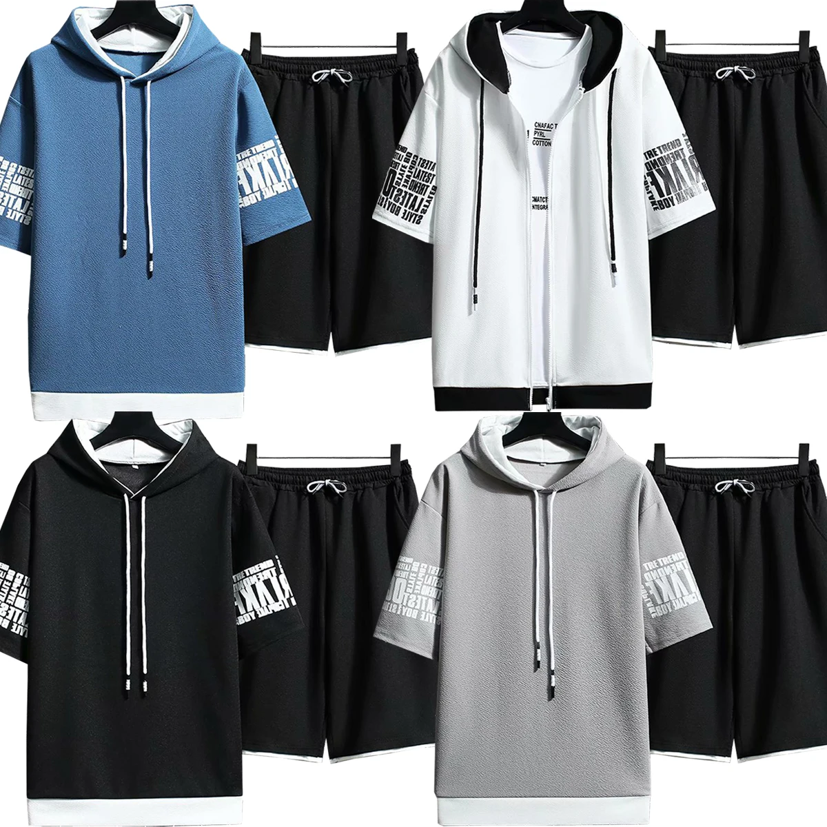 

Men's Short Sleeved Hooded Sweatshirt Sports Shorts Spring Summer Young Students With Two Styles Zipper Pullover