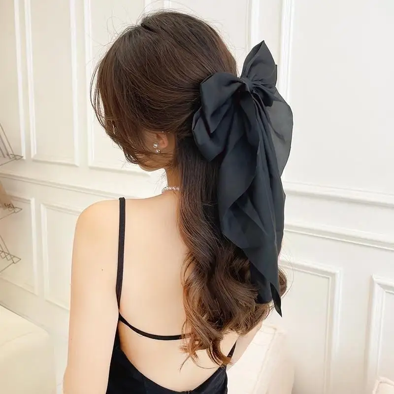 Koreanische Accessoires Haarspangen für Frauen und Mädchen, große Schleife aus festem Satin, lange Bandschleifen, Federklemme, Haarspange für Damen 2026 – Detail 2