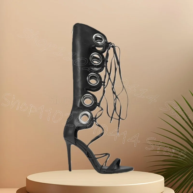 

Black Strappy Hollow Design Metal Circle Boots Back Zipper Women Shoes Thin High Heels Banquet Dating 2026 Zapatos Para Mujere