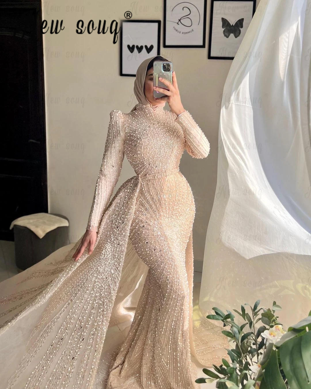 Abendkleider Light Champagne Evening Dress Dubai Muslim Long Sleeve Formal Prom Gowns Arabic Plus Size Wedding Party Dress Bead