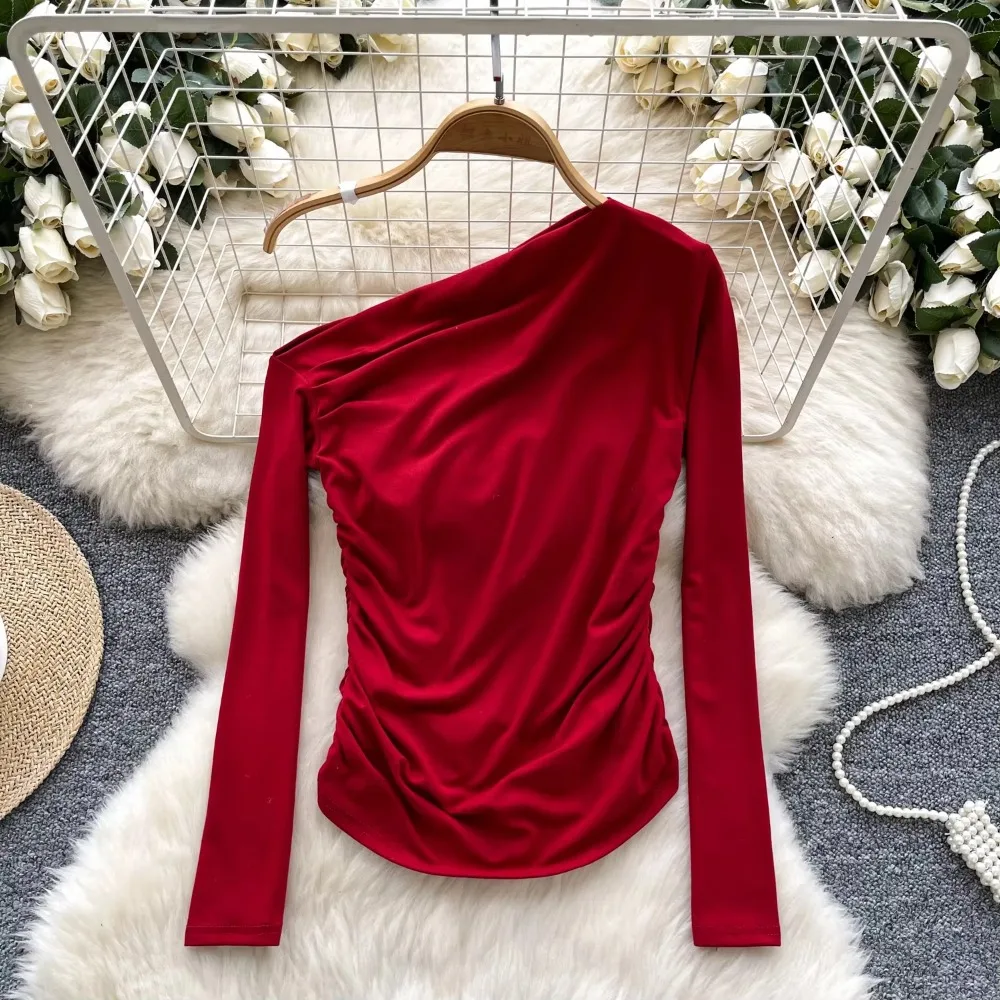 

Basics Diagonal Neck Hotsweet Pleated Casual Long Sleeves Slim Top Fashion Streetwear High Street Autumn Winter Women T-Shirts