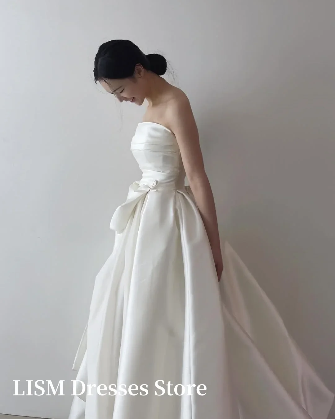 

ML Simple A-Line Korea Wedding Dresses Photo Shoot Strapless Satin Elegant Floor Length Bridal Gowns Customized Corset