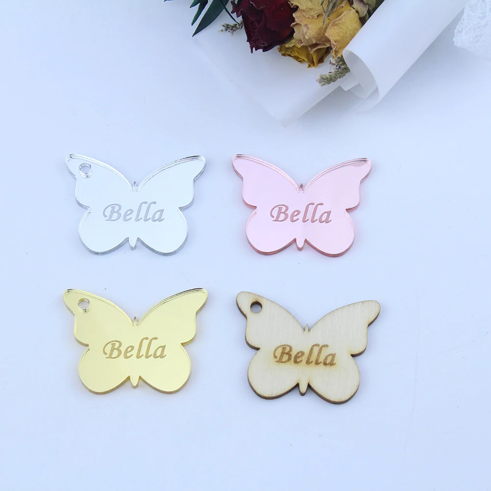 30/50/100pcs Personalized Acrylic Engraved Name Baby Shower Baptism Chocolate Tag Butterfly Custom Tag Party Decoration Favors