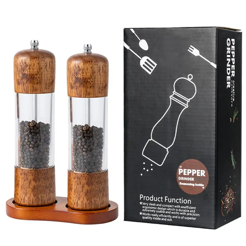 6/8Inch Manual Salt and Pepper Grinder,Solid Wood Spice Shaker Mill Tool With Base,Adjustable Ceramic Core Grinder Kitchen Tools