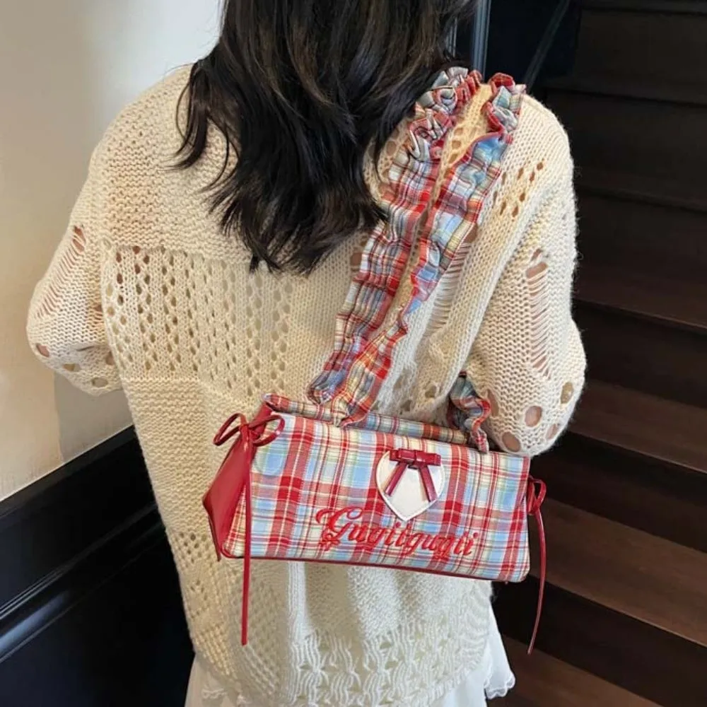 

Drawstring Shoulder Strap French Stick Handbag Pleated Bow Ribbon Plaid Shoulder Bag Contrast Color Heart Cloth Underarm Bags